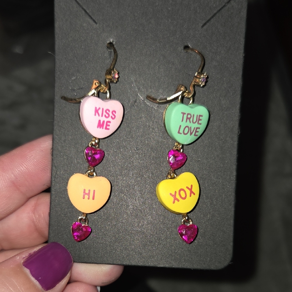 Gold and Pink Heart Drop Earrings